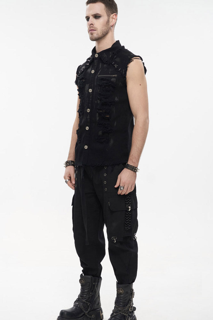 Black Punk Standing Collar Irregular Hand-Painted Sleeveless Metal Decoration Tattered Men's Shirt - Product - 5