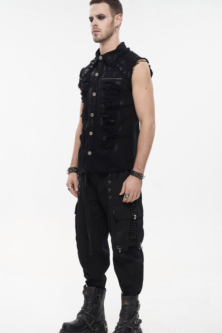 Black Punk Standing Collar Irregular Hand-Painted Sleeveless Metal Decoration Tattered Men's Shirt - Product - 5