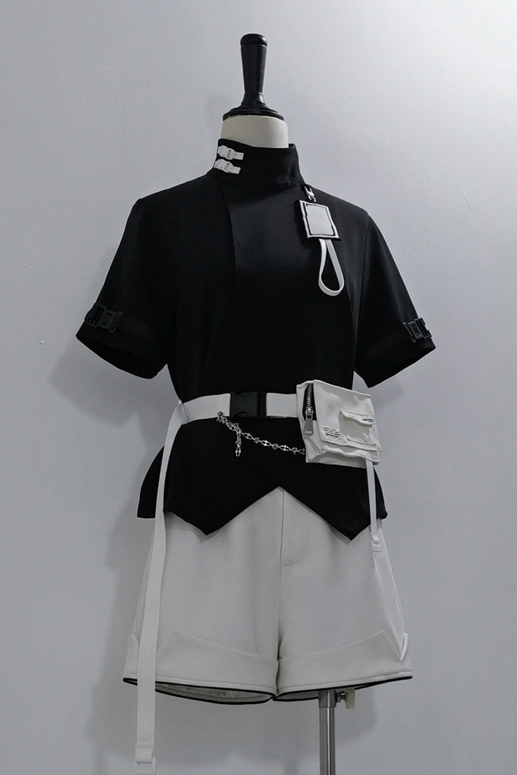 Black Functional Style Stand Collar Short Sleeves Ouji Fashion Prince Handsome Lolita Blouse - Product - 22