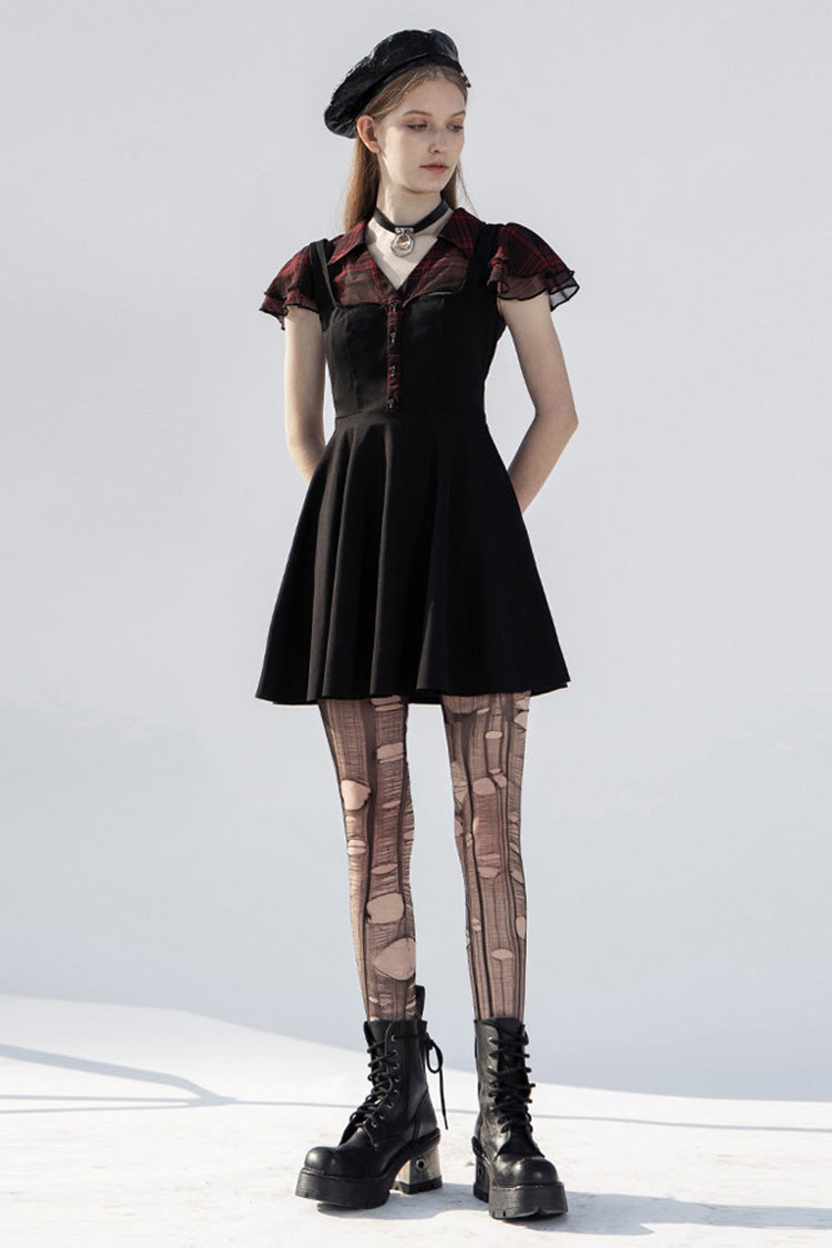 Black/Red V-Neck Ruffled Short-Sleeved Check Chiffon Waisted Skull Stud Women's Punk Dress - Product - 4