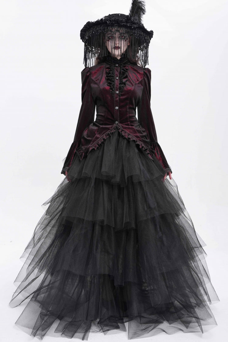 Red Stand Collar Long Trumpet Sleeves Ruffle Swallow-tailed Women's Gothic Blouse - Product - 4