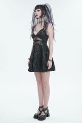 Black Pentagram Embossed Panel Mesh Rope Cutout Women's Gothic Dress - Product - 3