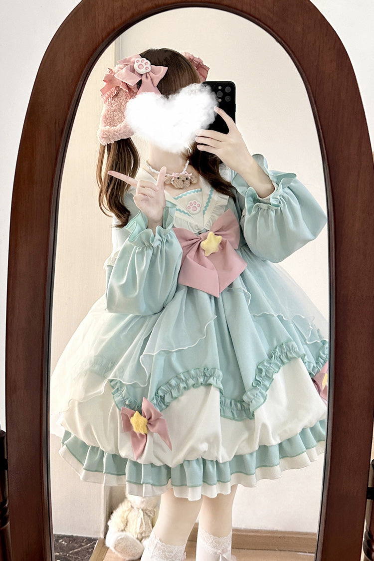 [Pray Star] Long Sleeves Double-Layered Ruffle Bowknot Stitching Lace Sweet Lolita Dress 5 Colors - Product - 16