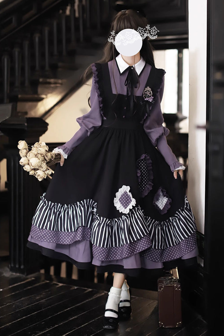 Black [Witch Academy] Double-Layered Stripe Print Ruffle Bowknot Irregular Sweet Lolita Jumper Dress - Black - 1