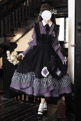 Black [Witch Academy] Double-Layered Stripe Print Ruffle Bowknot Irregular Sweet Lolita Jumper Dress - Black - 1