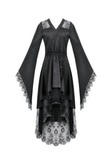 Black V Collar Long Trumpet Sleeves Lace Sheer Women's Gothic Kimono High Low Long Dress - Product - 3