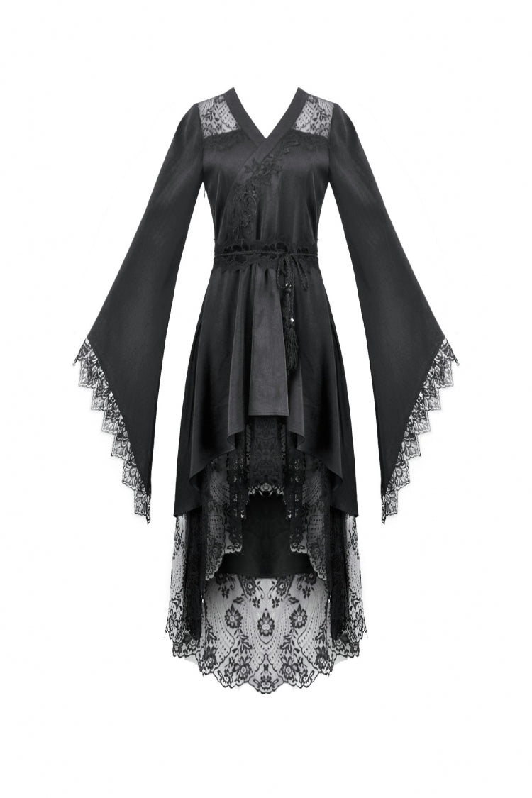 Black V Collar Long Trumpet Sleeves Lace Sheer Women's Gothic Kimono High Low Long Dress - Product - 3