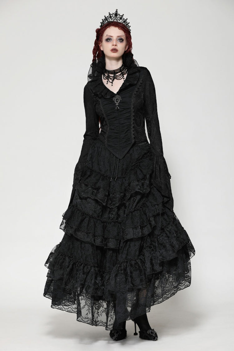 Black Lace Ruffled V Stand Collar Long Flared Sleeves Jacquard Women's Gothic Blouse - Product - 6