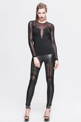 Balck Sexy Thin Elastic Spiderweb Round Collar Knitted Transparent Back Gothic Womens T-Shirt - Product - 5