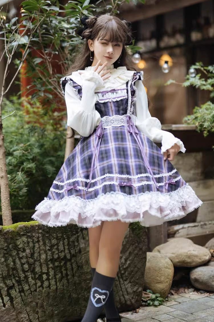 Black/Purple [Endless Summer] High Waisted Printed Ruffled Bow Lace Sweet Princess Lolita Jsk Dress 2 Versions - Black/Purple - 1