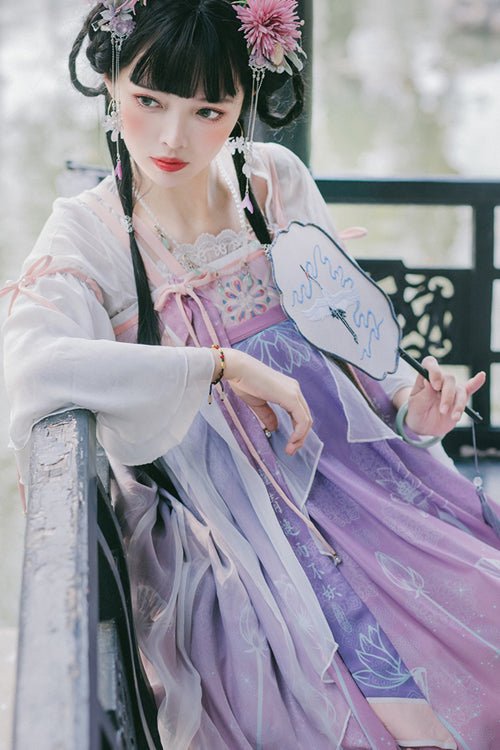 Original Chinese Han Elements Improved Lotus Print Sweet Hanfu Dress Full Set - Product - 3