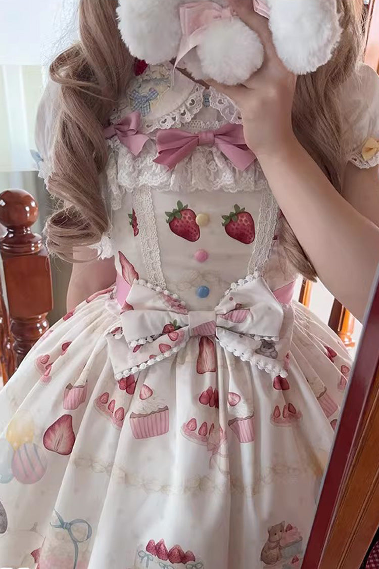 [Little Mouse Strawberry Cake] Sleeveless Printed Ruffled Bow Lace Sweet Lolita Jsk Dress 3 Colors - Product - 10