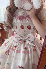 [Little Mouse Strawberry Cake] Sleeveless Printed Ruffled Bow Lace Sweet Lolita Jsk Dress 3 Colors - Product - 10