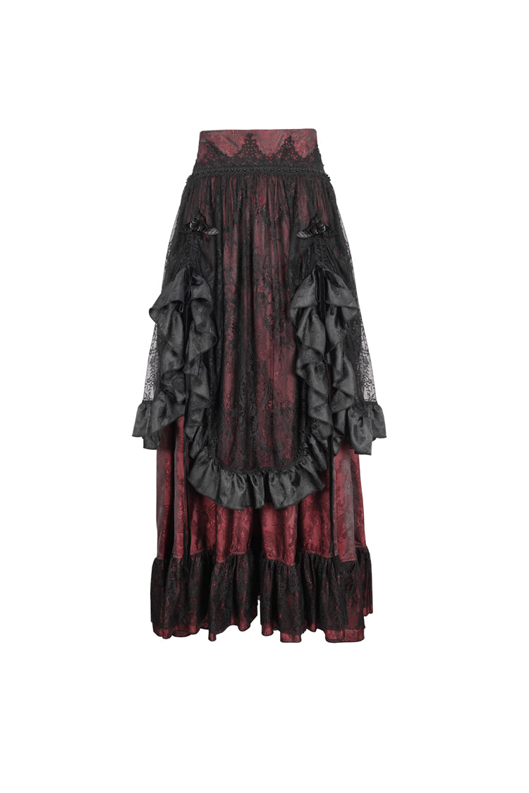 Black/Red Ruffle Lace Drawstring Women's Gothic Skirt - Product - 5