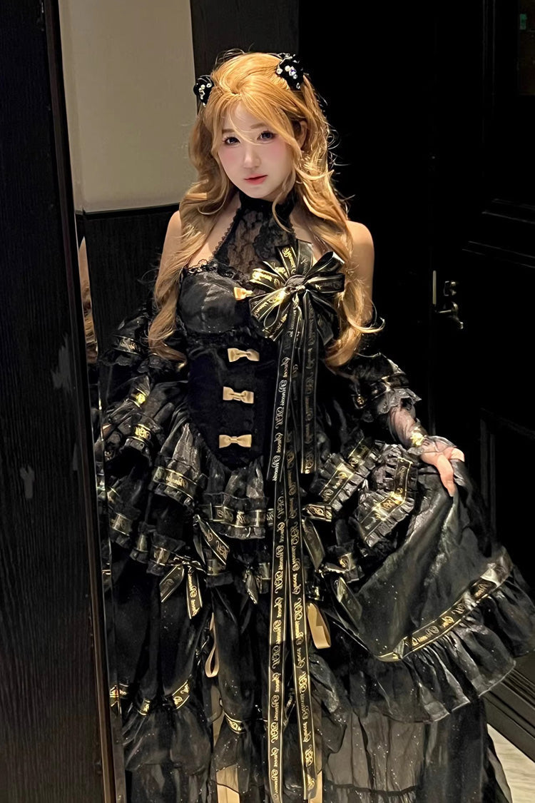 Black [Obsidian Banquet] Double-Layered Ruffled Hanayome Bow Lace Sweet Gothic Princess Lolita Jsk Dress - Product - 10