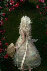 Green [Oil Painting – Spring] Sleeveless Print Ruffle Bowknot Lace Sweet Lolita Jsk Dress - Product - 9