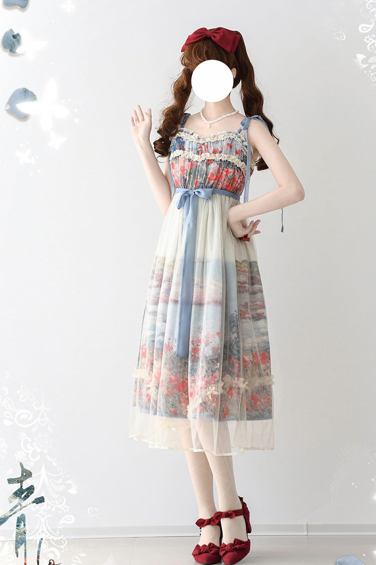 Multi-Color [Oil Painting – Island Garden] Sleeveless Print Ruffle Bowknot Lace Sweet Lolita Jsk Dress - Product - 4