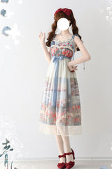 Multi-Color [Oil Painting – Island Garden] Sleeveless Print Ruffle Bowknot Lace Sweet Lolita Jsk Dress - Product - 4