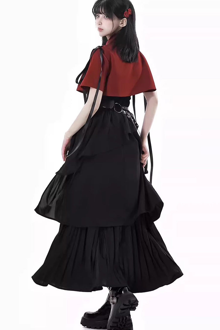 Red/Black [Moonlight Flowing] Long/Short Sleeves Ruffled Asymmetric Gothic Jirai Kei Skirt Set - Product - 2