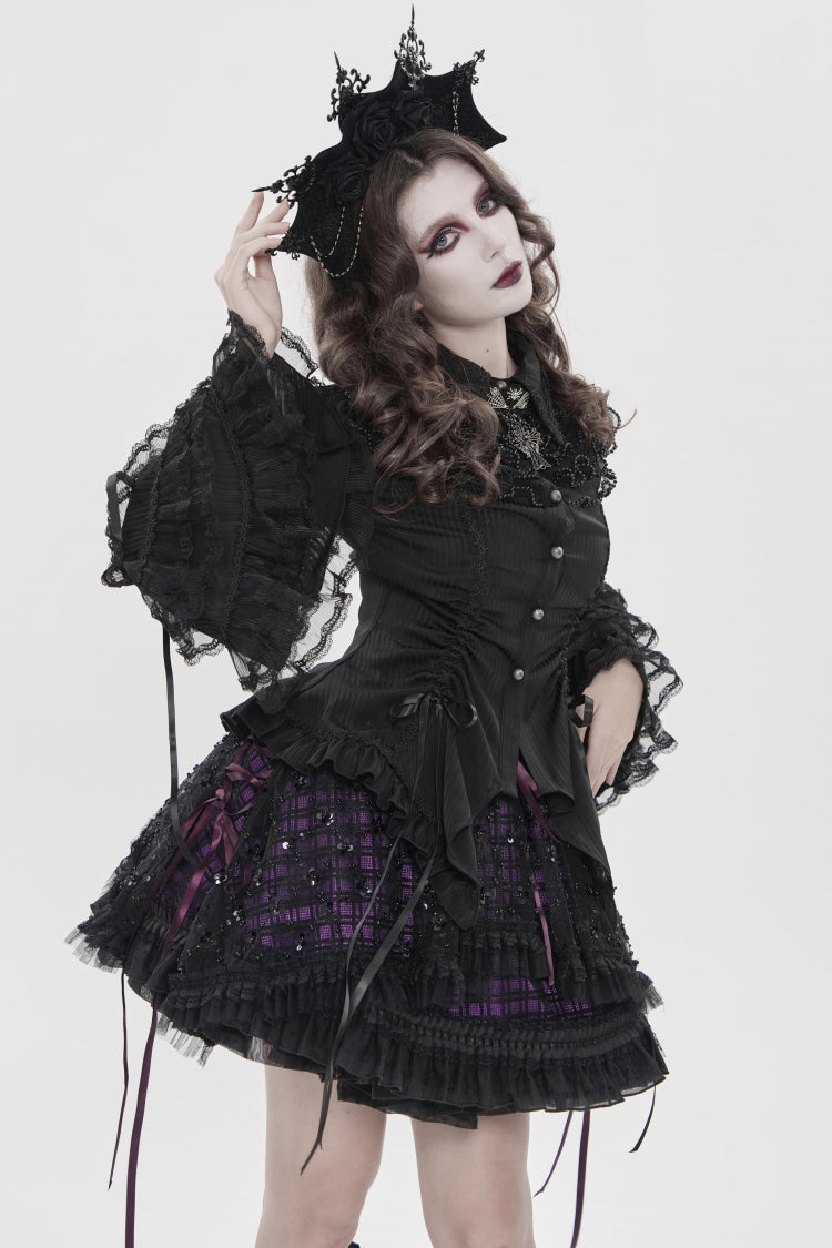 Black/Purple Multi-Layered Lace Lace-Up Women's Gothic Skirt - Product - 5