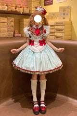 Green [Jenny's Chocolate] Short Sleeves Vertical Stripes Print Ruffle Bowknot Sweet Lolita Dress - Product - 6