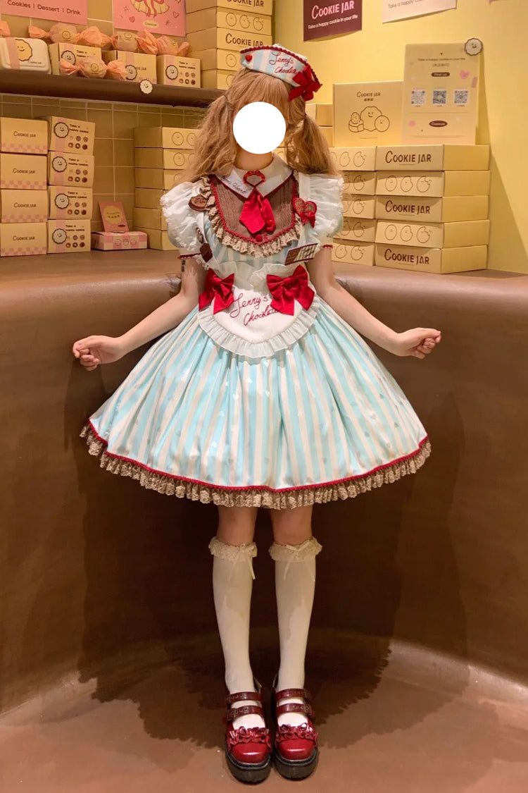 Green [Jenny's Chocolate] Short Sleeves Vertical Stripes Print Ruffle Bowknot Sweet Lolita Dress - Product - 6