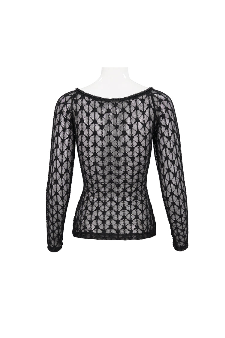 Black Lace Mesh Front Red Diamond Long Sleeve Transparent Women's Punk T-Shirt - Product - 8