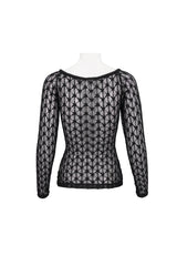 Black Lace Mesh Front Red Diamond Long Sleeve Transparent Women's Punk T-Shirt - Product - 8