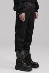 Black Leather Stitching Slim Front Zipper Men's Gothic Pants - Product - 2