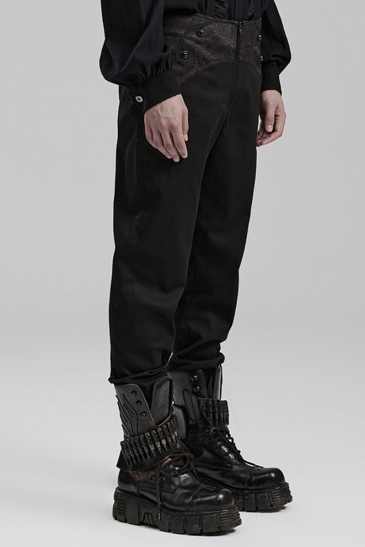 Black Leather Stitching Slim Front Zipper Men's Gothic Pants - Product - 2