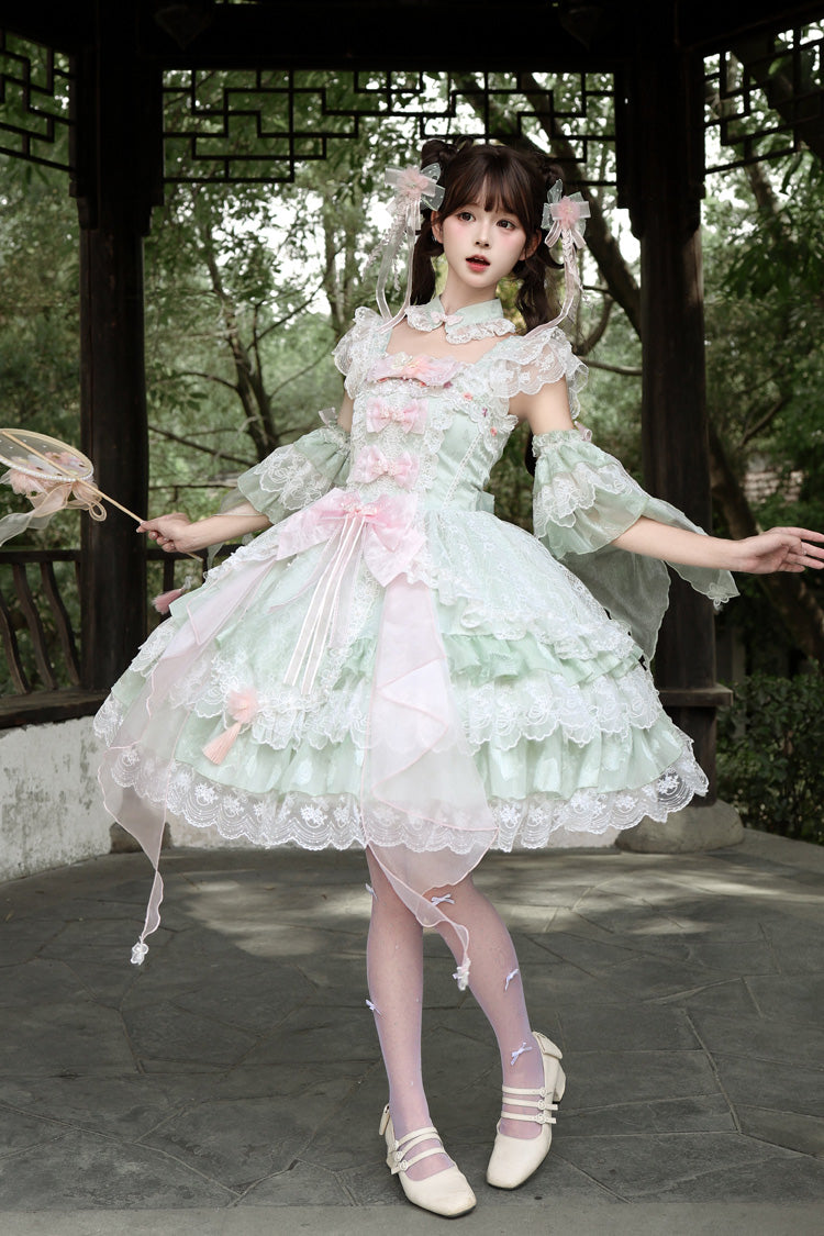 Green [Spring Waters Reflecting Pear Blossoms] Ruffled Embroidered Open-Front Bow Lace Sweet Lolita Jsk Dress - Product - 2