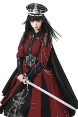 Red/Black [Scarlet Night Knight] Metal Chain Print Bowknot Gothic Military Elegant Lolita Dress - Product - 8