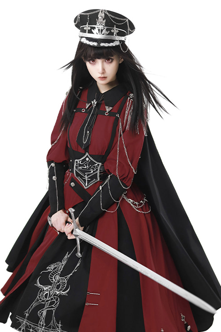 Red/Black [Scarlet Night Knight] Metal Chain Print Bowknot Gothic Military Elegant Lolita Dress - Product - 8