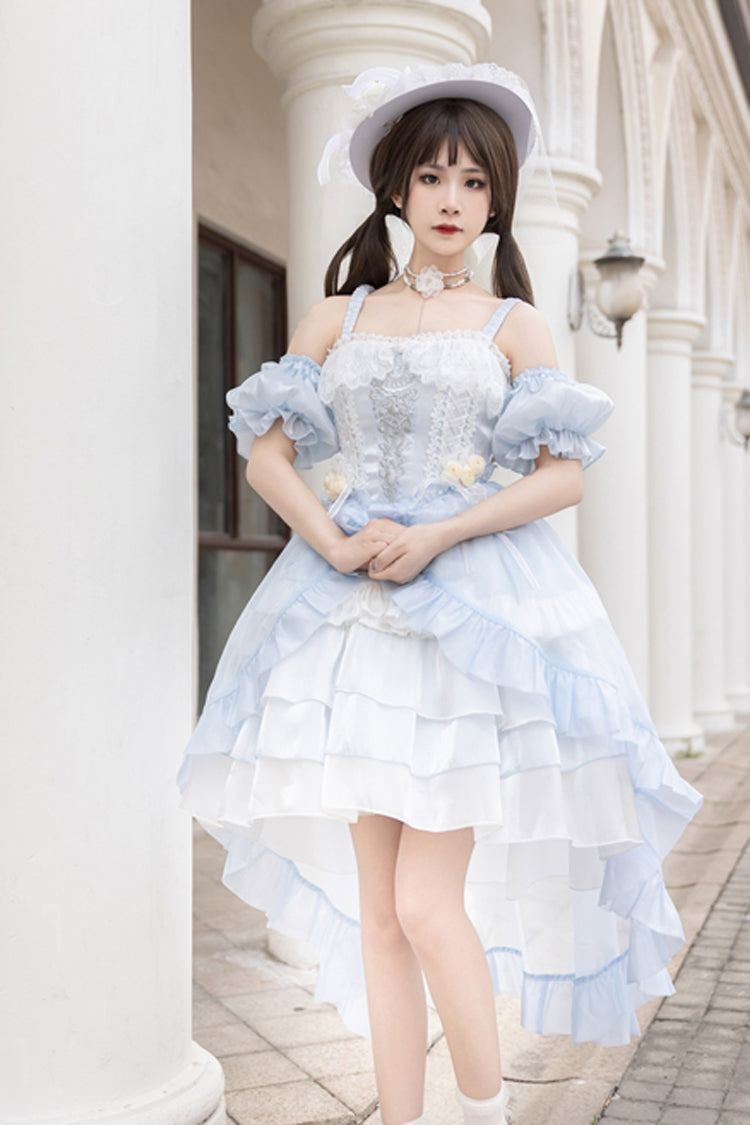Light Blue [Rose Of The Night Sea And Starry Sky] Off Shoulder Multi-Layered Ruffle Embroidery Sweet Lolita Dress - Product - 7