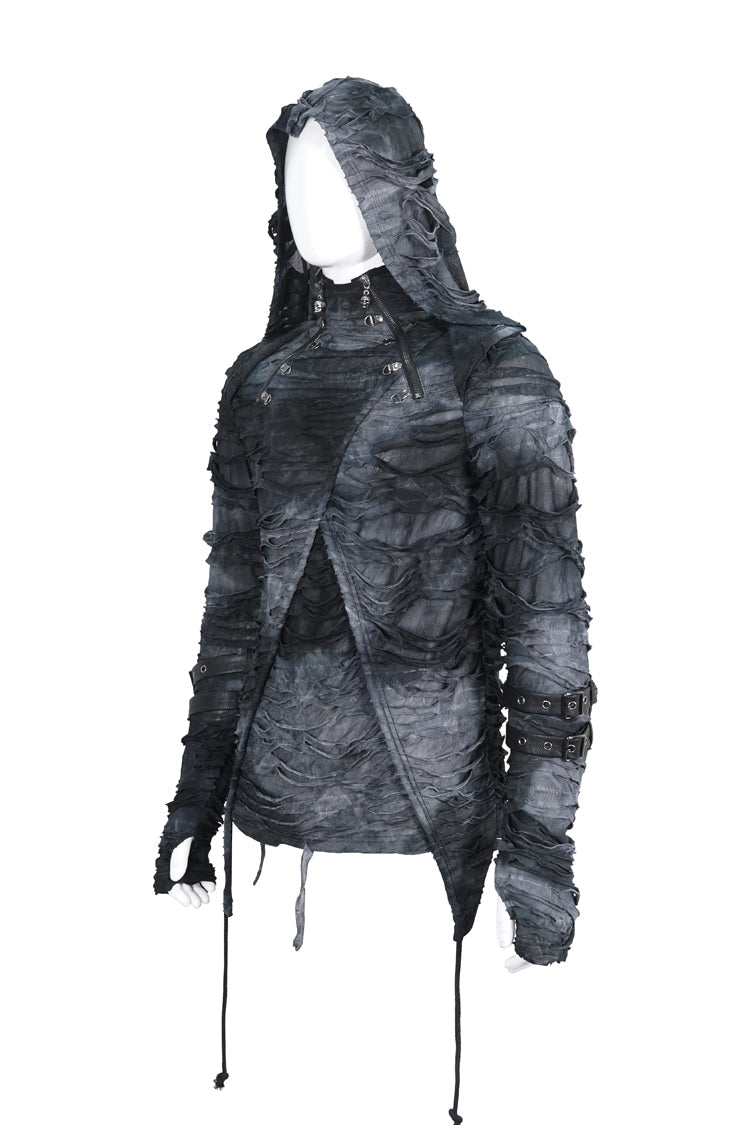 Black High Collar Long Sleeves Print Ripped Men's Punk Hoodies T-Shirt - Product - 8