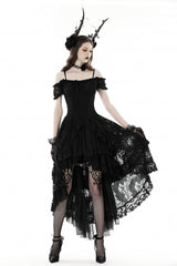 Black Boat Neck Off Shoulder Short Puff Sleeves Ruffled Lace Lace-Up Irregular Women's Gothic Dovetail Dress - Product - 7