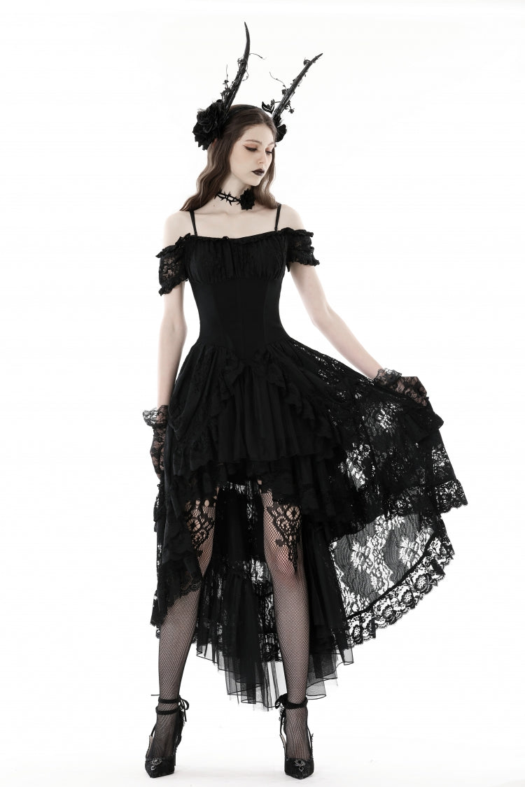Black Boat Neck Off Shoulder Short Puff Sleeves Ruffled Lace Lace-Up Irregular Women's Gothic Dovetail Dress - Product - 7