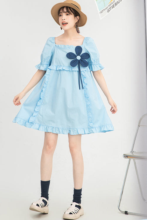 Blue Ruffled Square Collar Flower Accessory Short Sleeves Sweet Lolita Dress - Product - 3