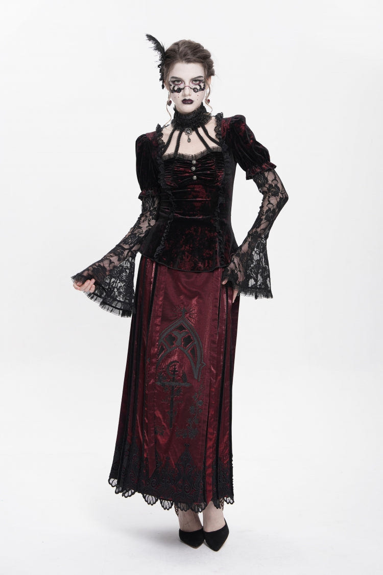 Red  Long Trumpet Sleeves Lace Mesh Faux Two-Piece Pleated Eyelet Women's Gothic Palace Velvet Blouse - Product - 5