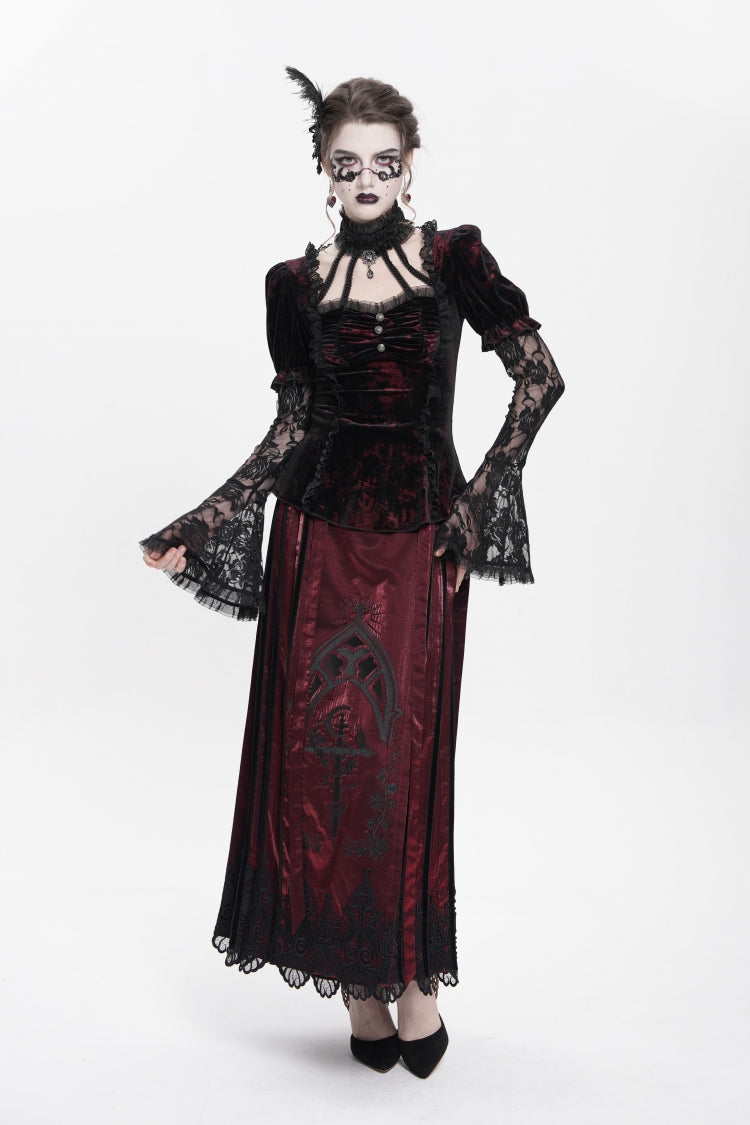 Red  Long Trumpet Sleeves Lace Mesh Faux Two-Piece Pleated Eyelet Women's Gothic Palace Velvet Blouse - Product - 5