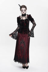Red  Long Trumpet Sleeves Lace Mesh Faux Two-Piece Pleated Eyelet Women's Gothic Palace Velvet Blouse - Product - 5