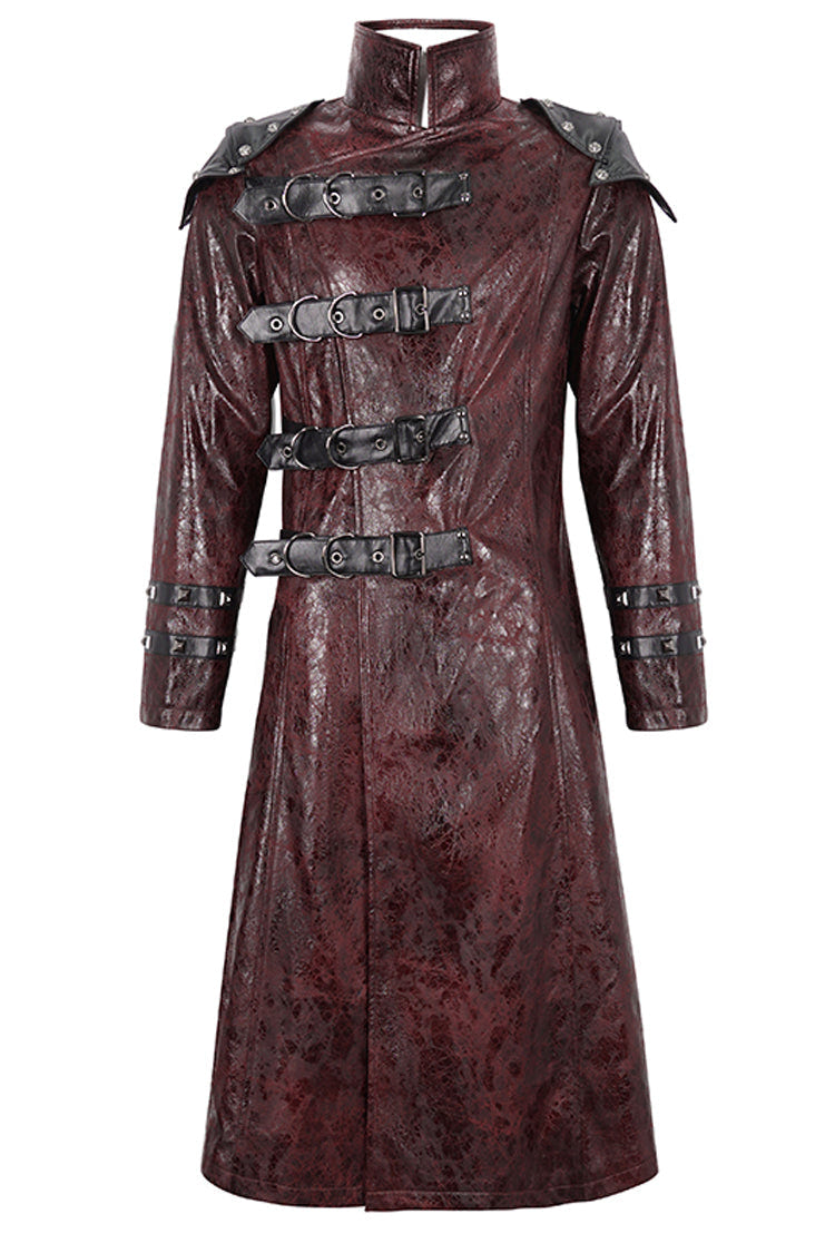 Red Stand Collar Multi Buckle Faux Long Leather Men's Punk Coat - Product - 7