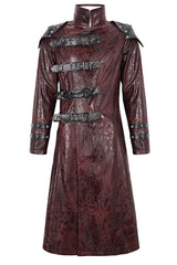 Red Stand Collar Multi Buckle Faux Long Leather Men's Punk Coat - Product - 7
