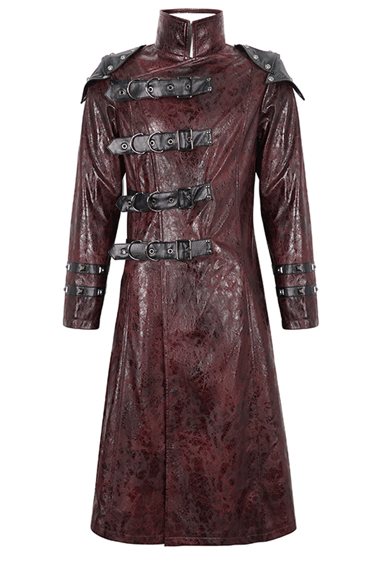 Red Stand Collar Multi Buckle Faux Long Leather Men's Punk Coat - Product - 7
