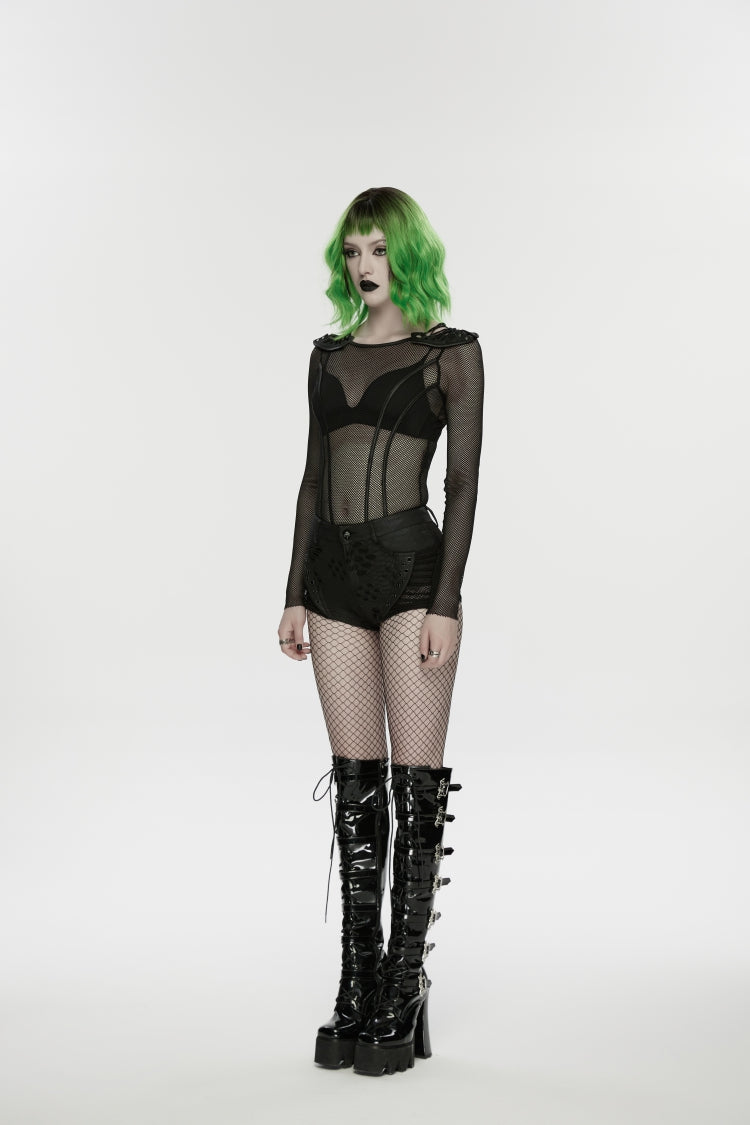 Black Low Waisted Cut-Out Irregular Eyelet Women's Punk Shorts - Product - 3