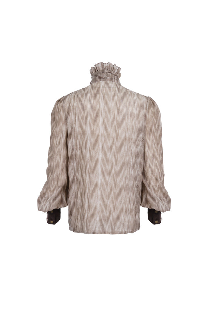 Brown Ruffle Stand Collar Print Lace-Up Men's Gothic Blouse - Product - 7