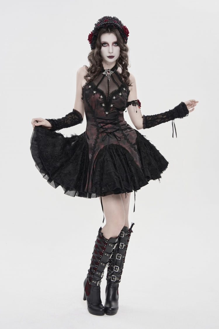 Black/Red Off Shoulder Sleeveless Printed Spliced Lace Lace-Up Pleated Women's Gothic Dress - Product - 7