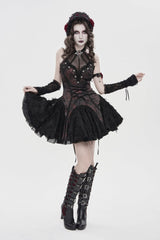 Black/Red Off Shoulder Sleeveless Printed Spliced Lace Lace-Up Pleated Women's Gothic Dress - Product - 7