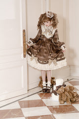 Brown [Chocolate Cat] Print Long Sleeves Ruffle Bowknot Sweet Lolita Dress - Product - 6