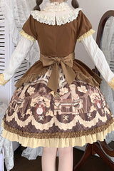 Brown [Little Bear Concerto] Print Ruffle Bowknot Sweet Princess Lolita Dress - Product - 7